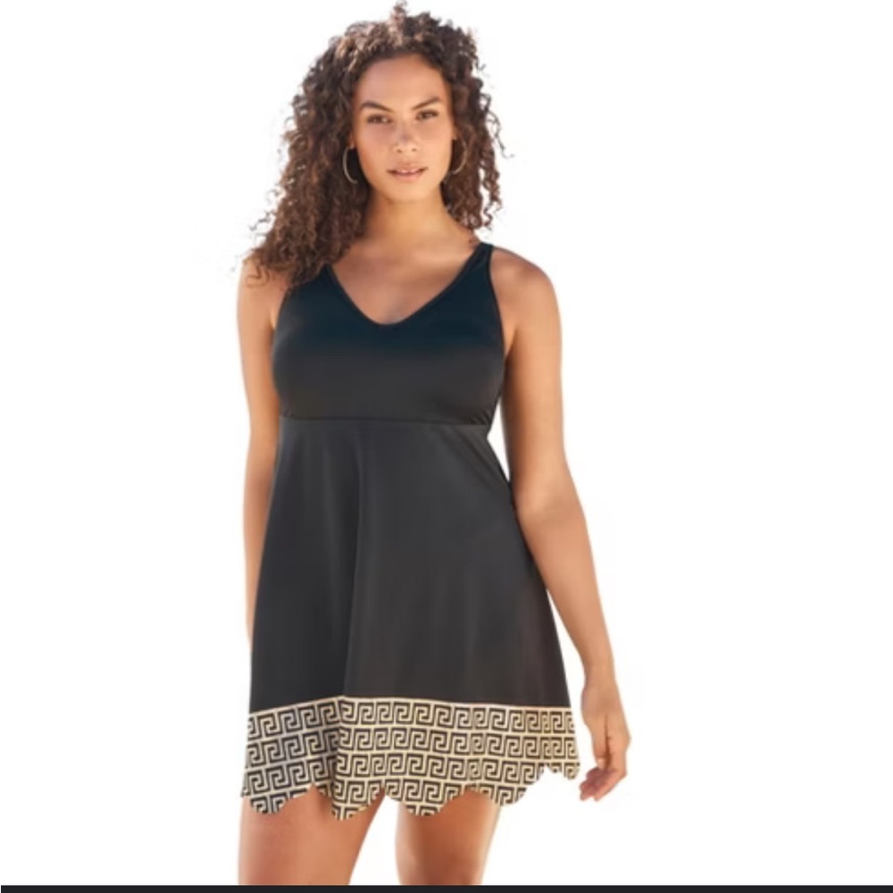 SWIMSUITS FOR ALL Black/Gold Band Swimsuit Swim Dress Size 32 Plus Size
